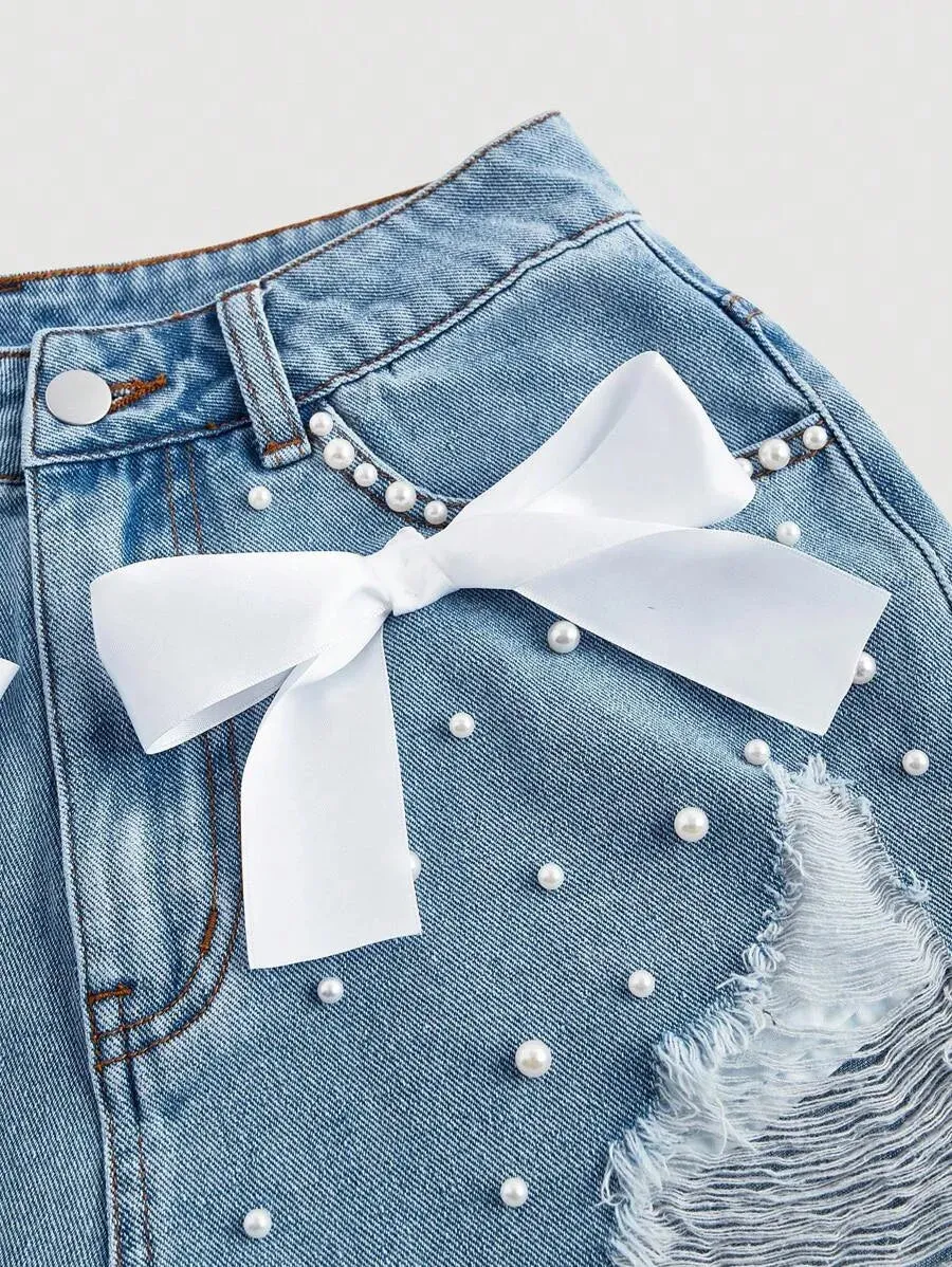 Khloe Denim Shorts Women with Bow and Pearl Detailing in Blue