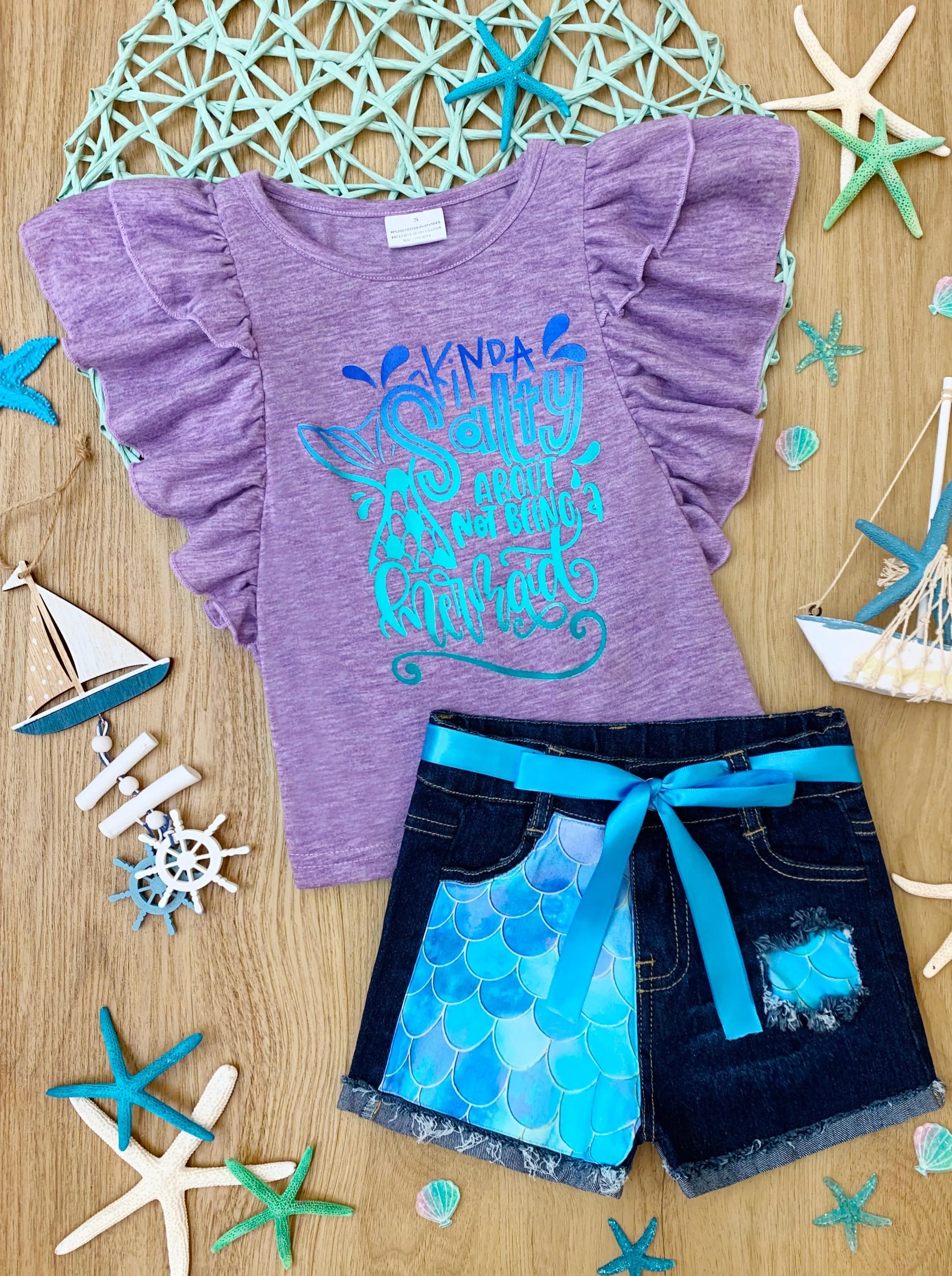 Kinda Salty Mermaid Patched Denim Short Set