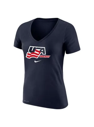 Ladies Nike USA Hockey Dri-FIT Cotton V-Neck T-Shirt - Navy