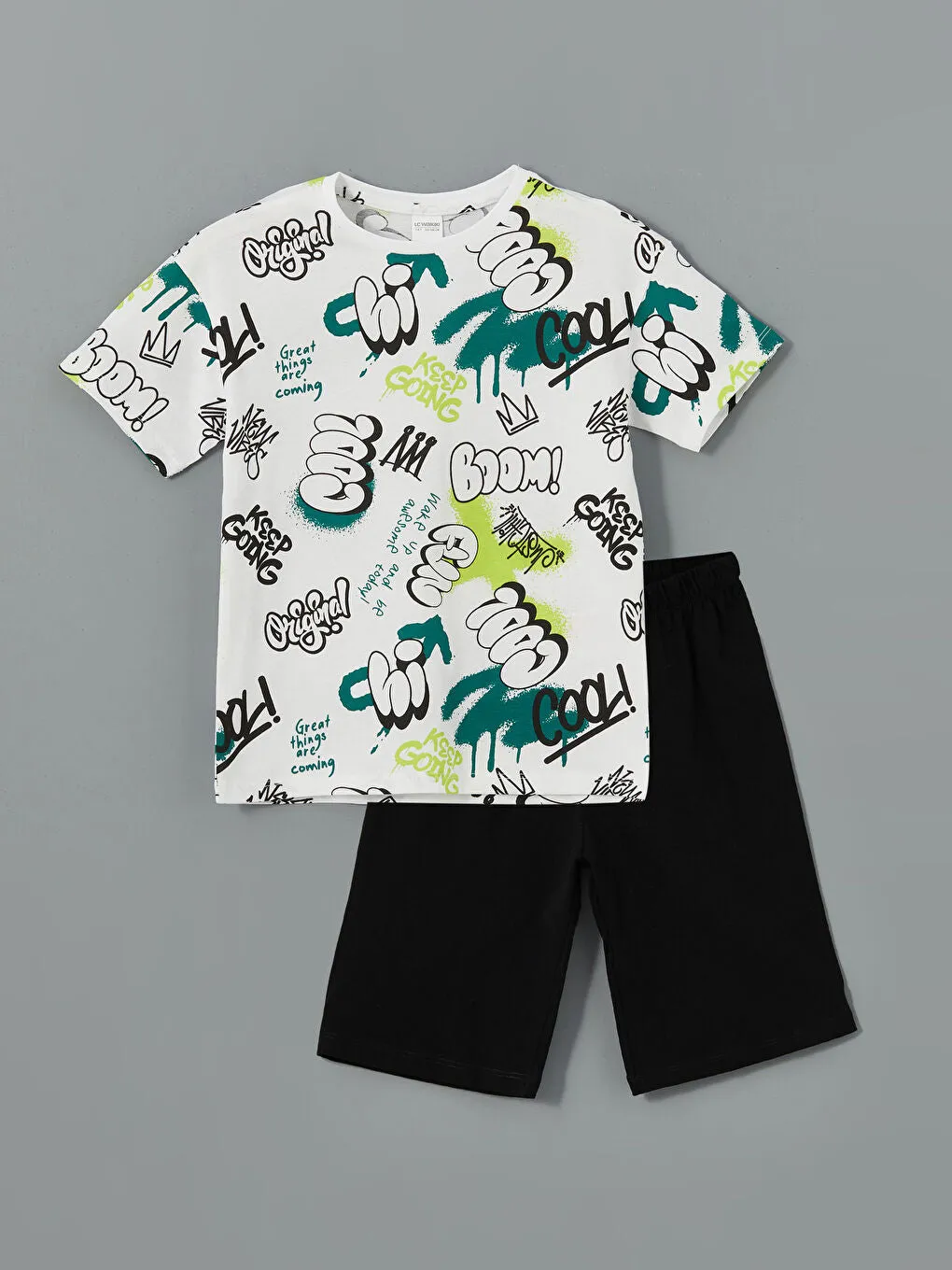 LCW Kids White Crew Neck Boy Shorts Pajama Set