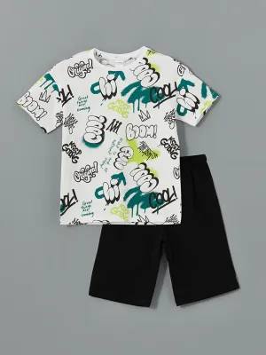 LCW Kids White Crew Neck Boy Shorts Pajama Set