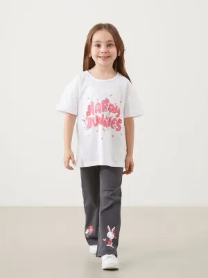 LCW Kids White Printed Girls Sweatshirt and Leggings Pants 2-Pack