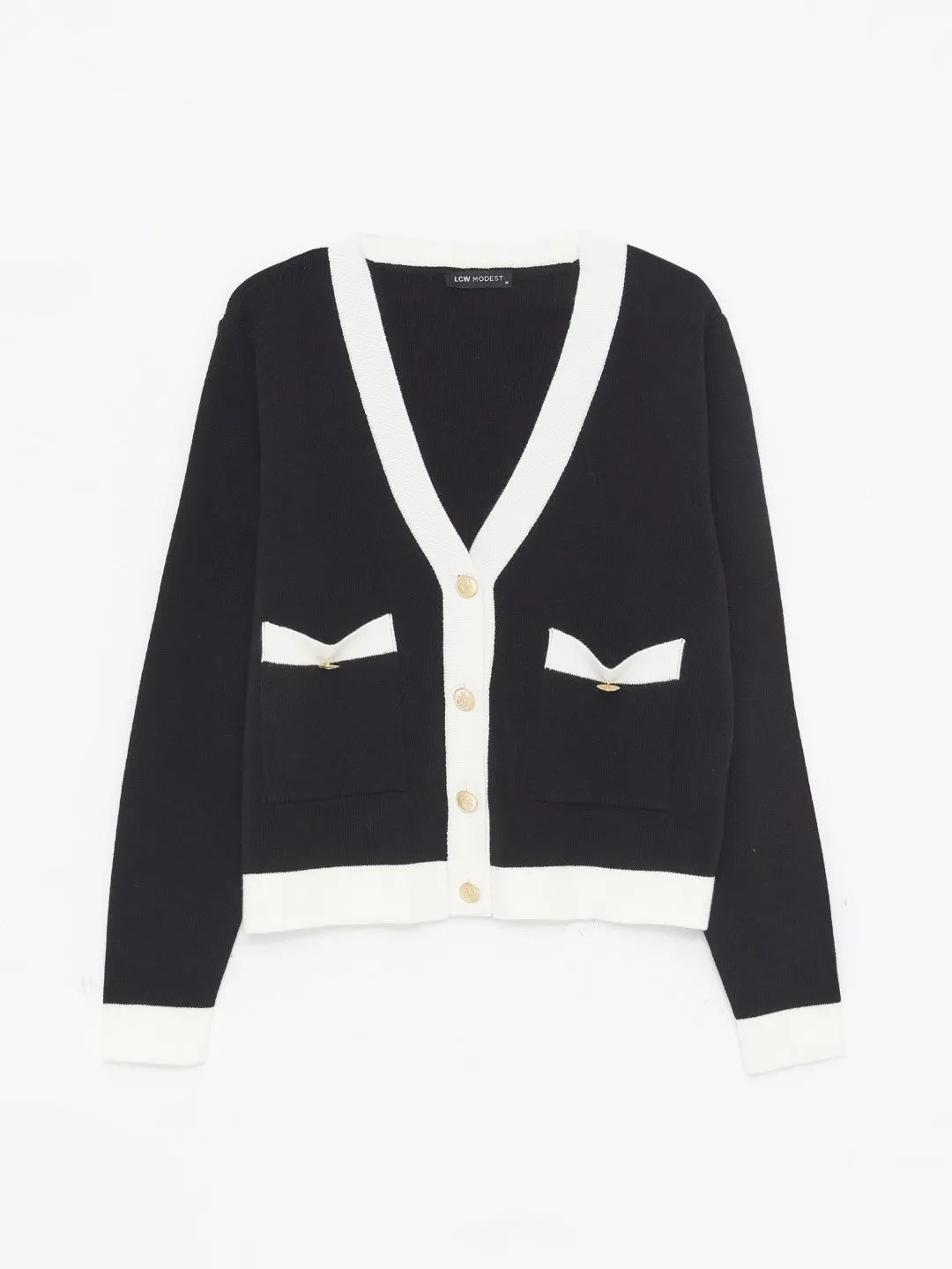 LCW Modest

Black V Neck Color Block Long Sleeve Women's Knitwear Cardigan