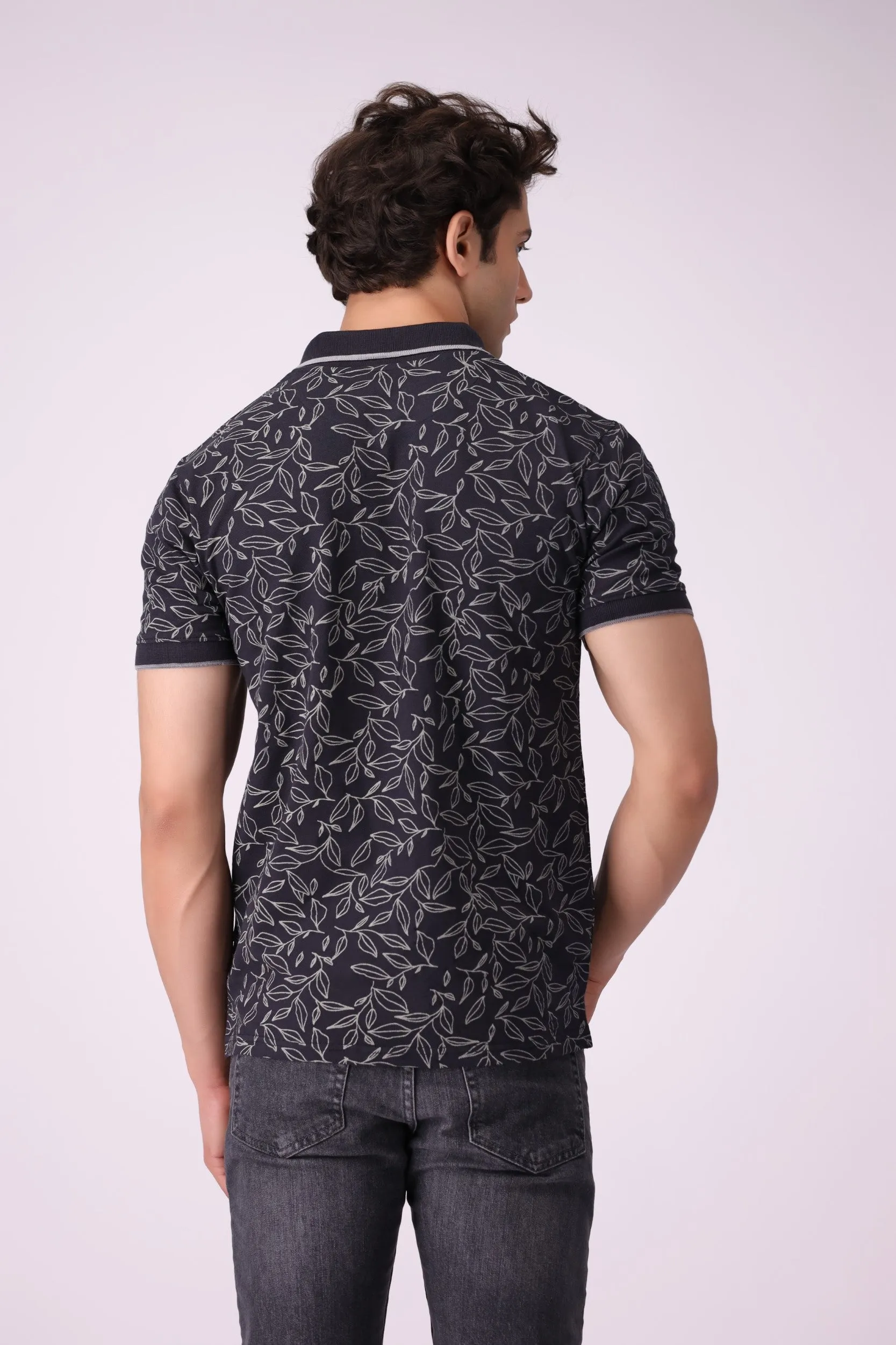 Leaf-Print Black Polo Shirt