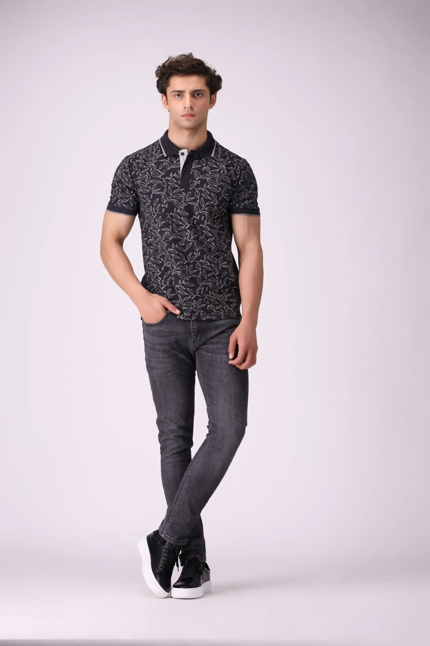 Leaf-Print Black Polo Shirt