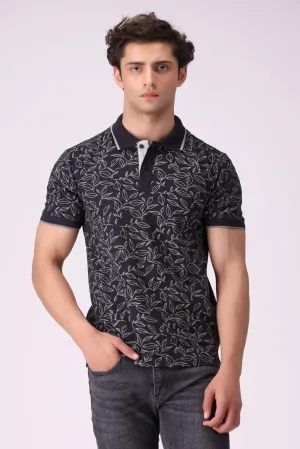 Leaf-Print Black Polo Shirt