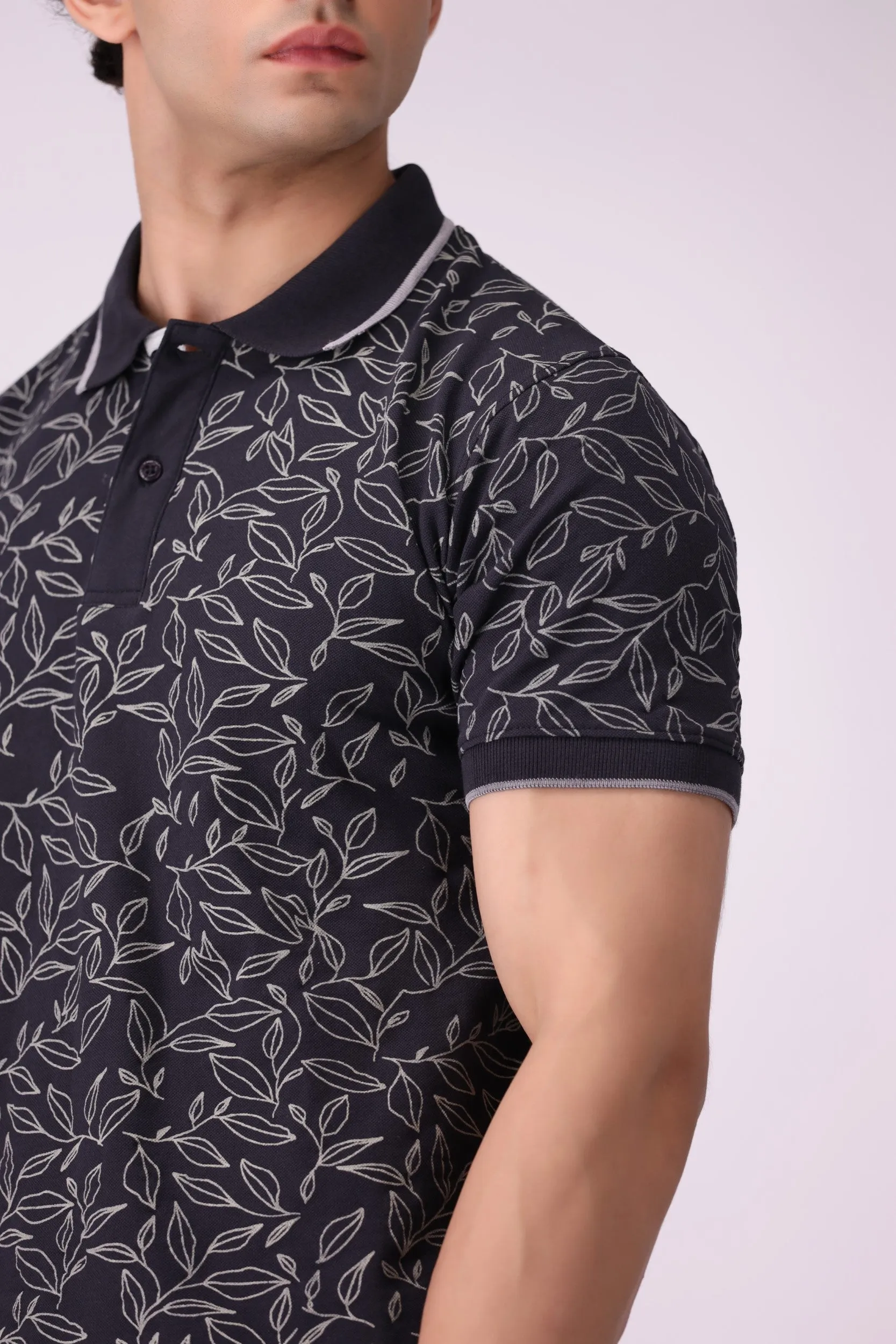 Leaf-Print Black Polo Shirt