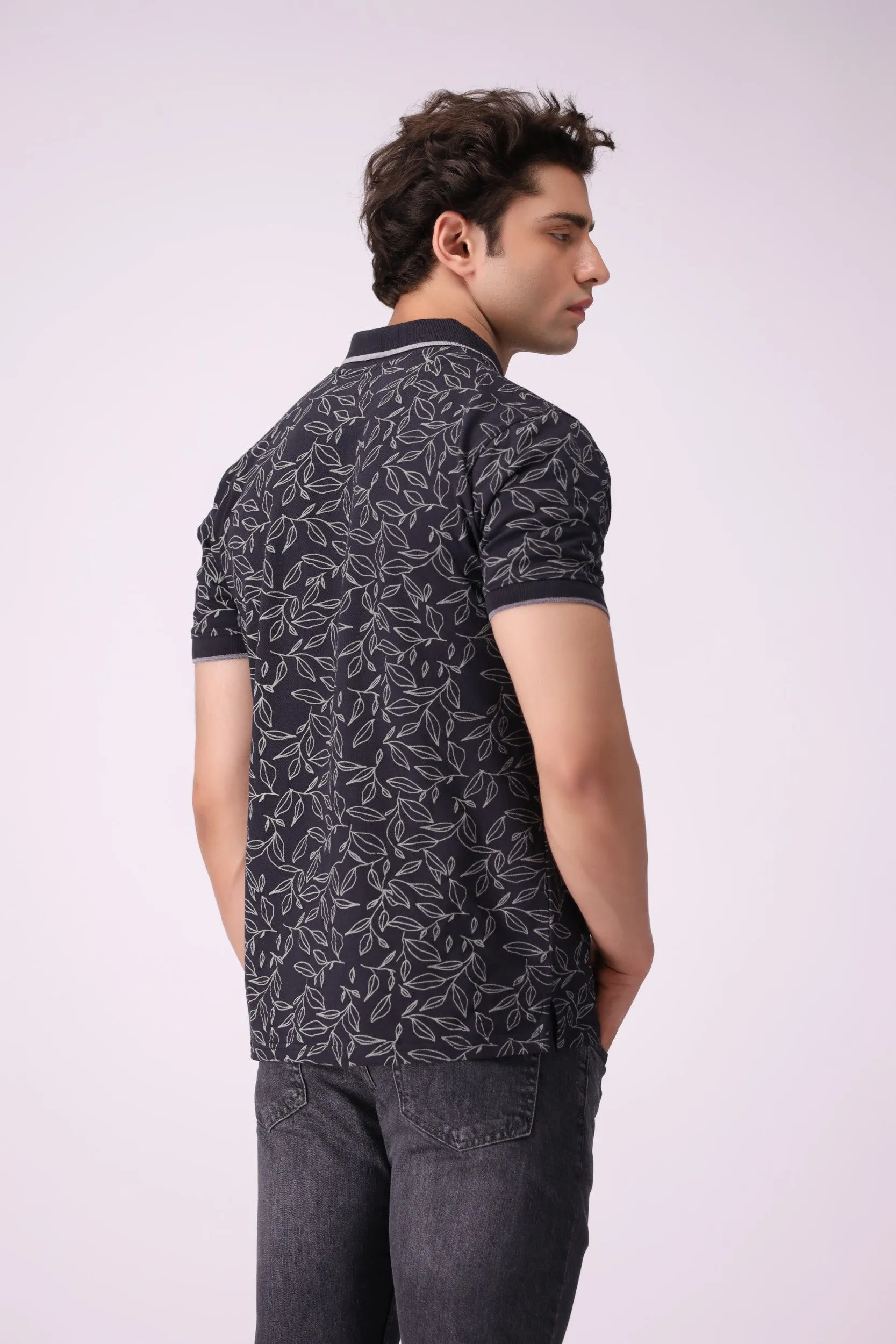 Leaf-Print Black Polo Shirt