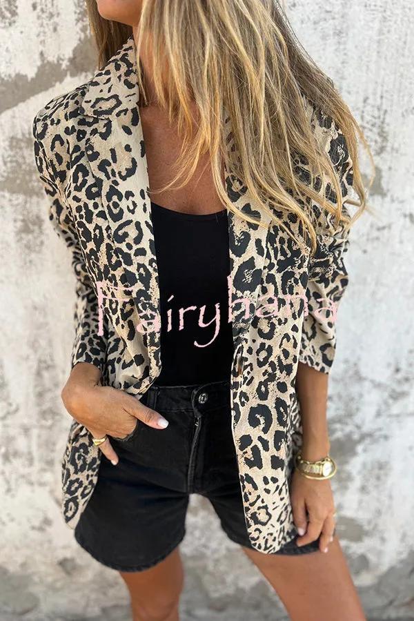 Leopard Print Lapel Long Sleeve Casual Blazer