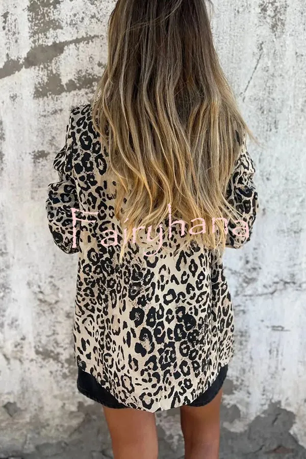 Leopard Print Lapel Long Sleeve Casual Blazer