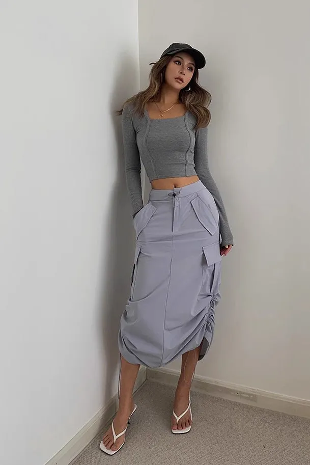 Long Sleeve Scoop Neck Ribbed Tops Fitted Shirts