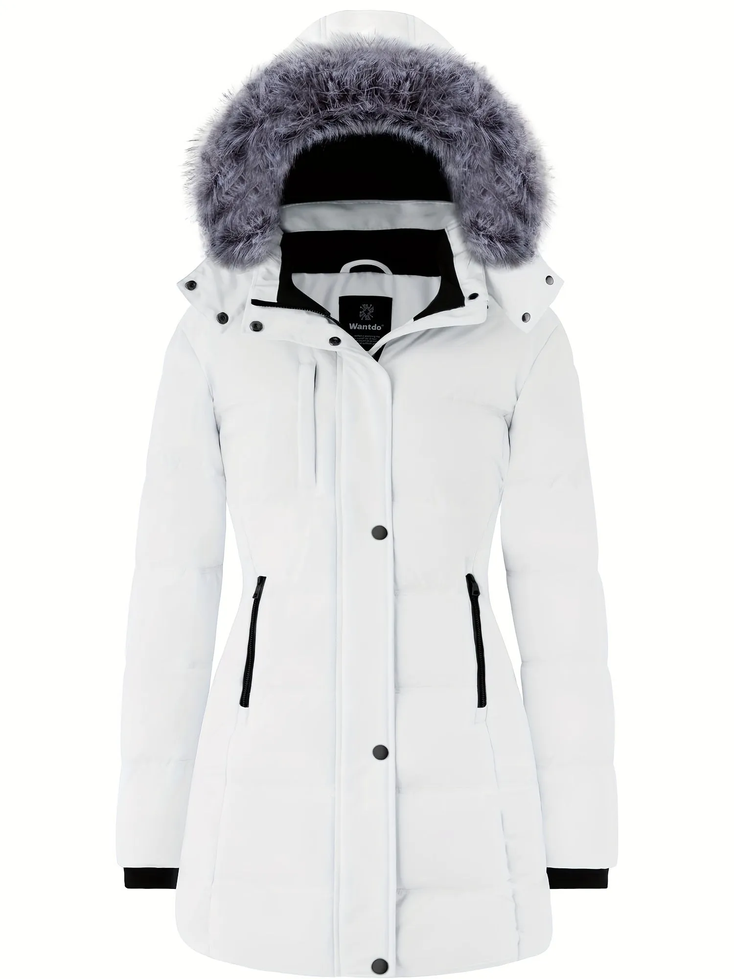 Long Women's Winter Quilted Puffer Jacket - Water-Resistant, Windproof, and Thermal with Removable Faux Fur Hat, Multi-Pockets, and Two-Way Zipper - Black, White, Red, Turquoise - Fashion Casual Outerwear for Outdoor Travel and Hiking