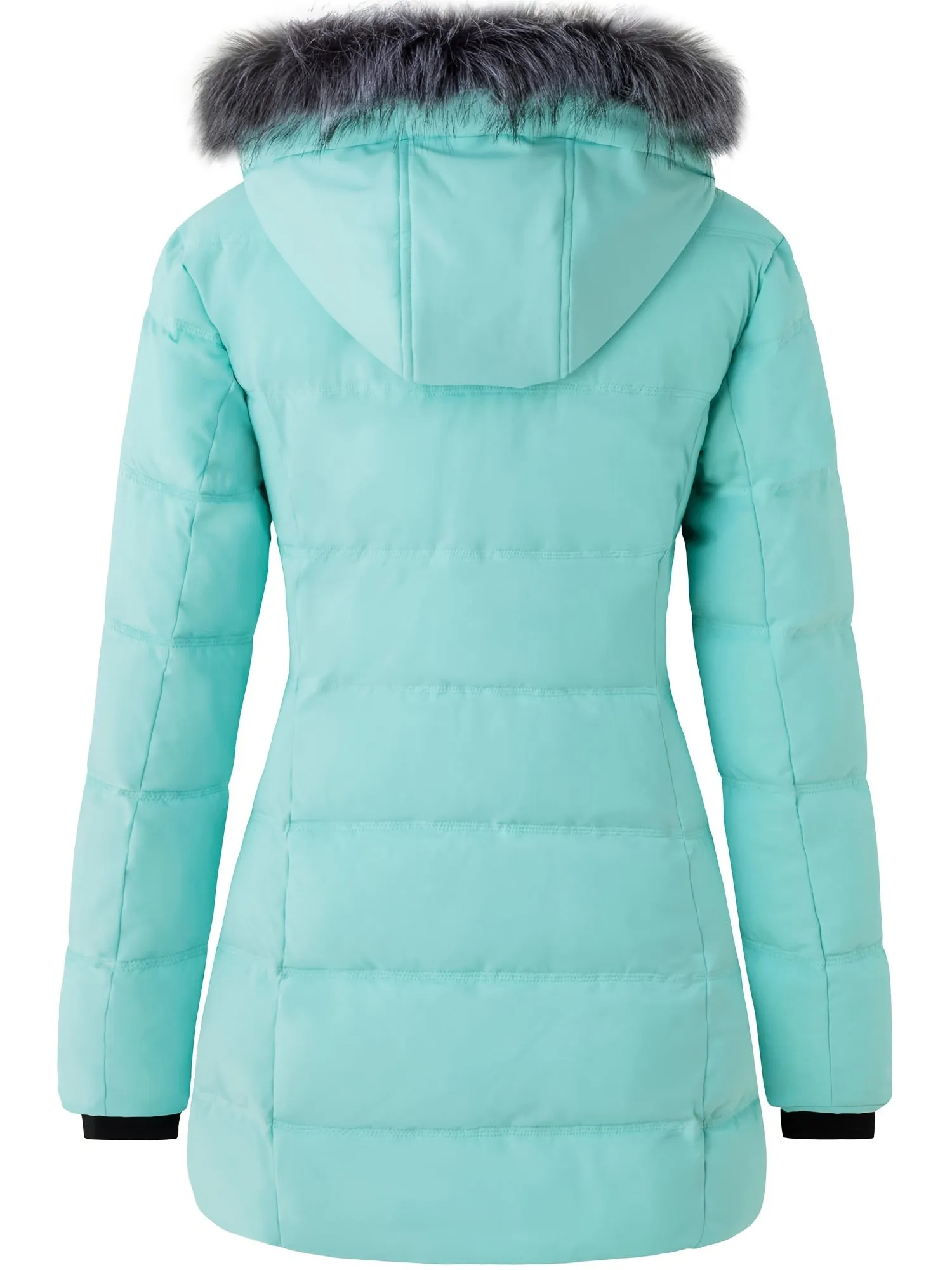 Long Women's Winter Quilted Puffer Jacket - Water-Resistant, Windproof, and Thermal with Removable Faux Fur Hat, Multi-Pockets, and Two-Way Zipper - Black, White, Red, Turquoise - Fashion Casual Outerwear for Outdoor Travel and Hiking