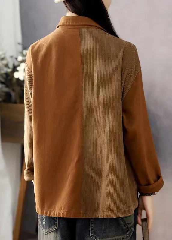 Loose Brown Peter Pan Collar Button Patchwork Corduroy Coats Spring