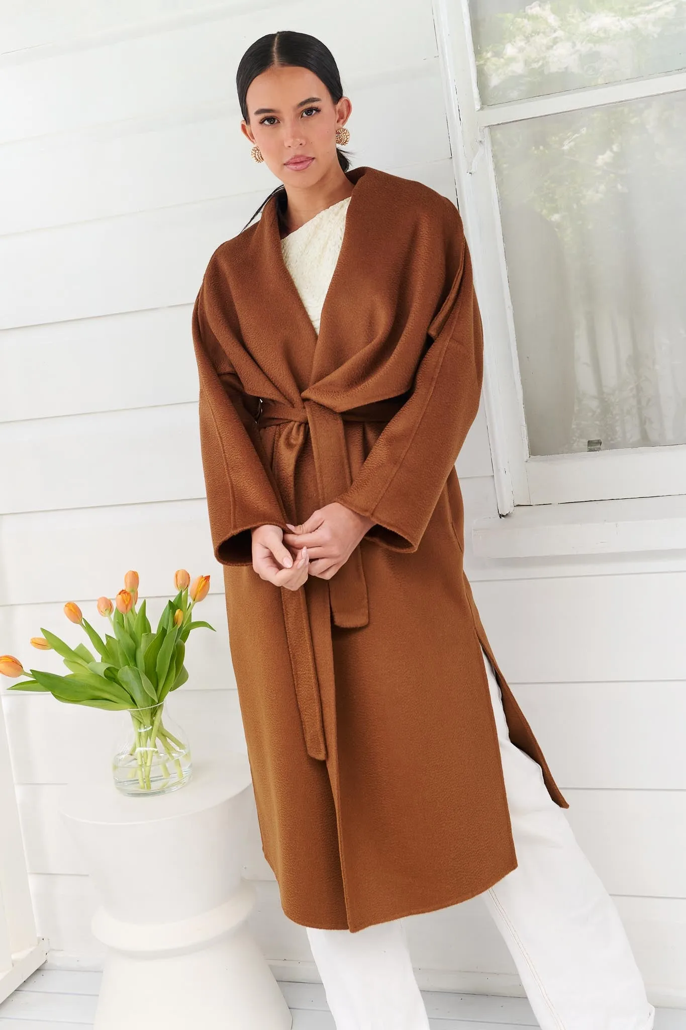 LUMI MERINO WOOL WRAP COAT - CARAMEL