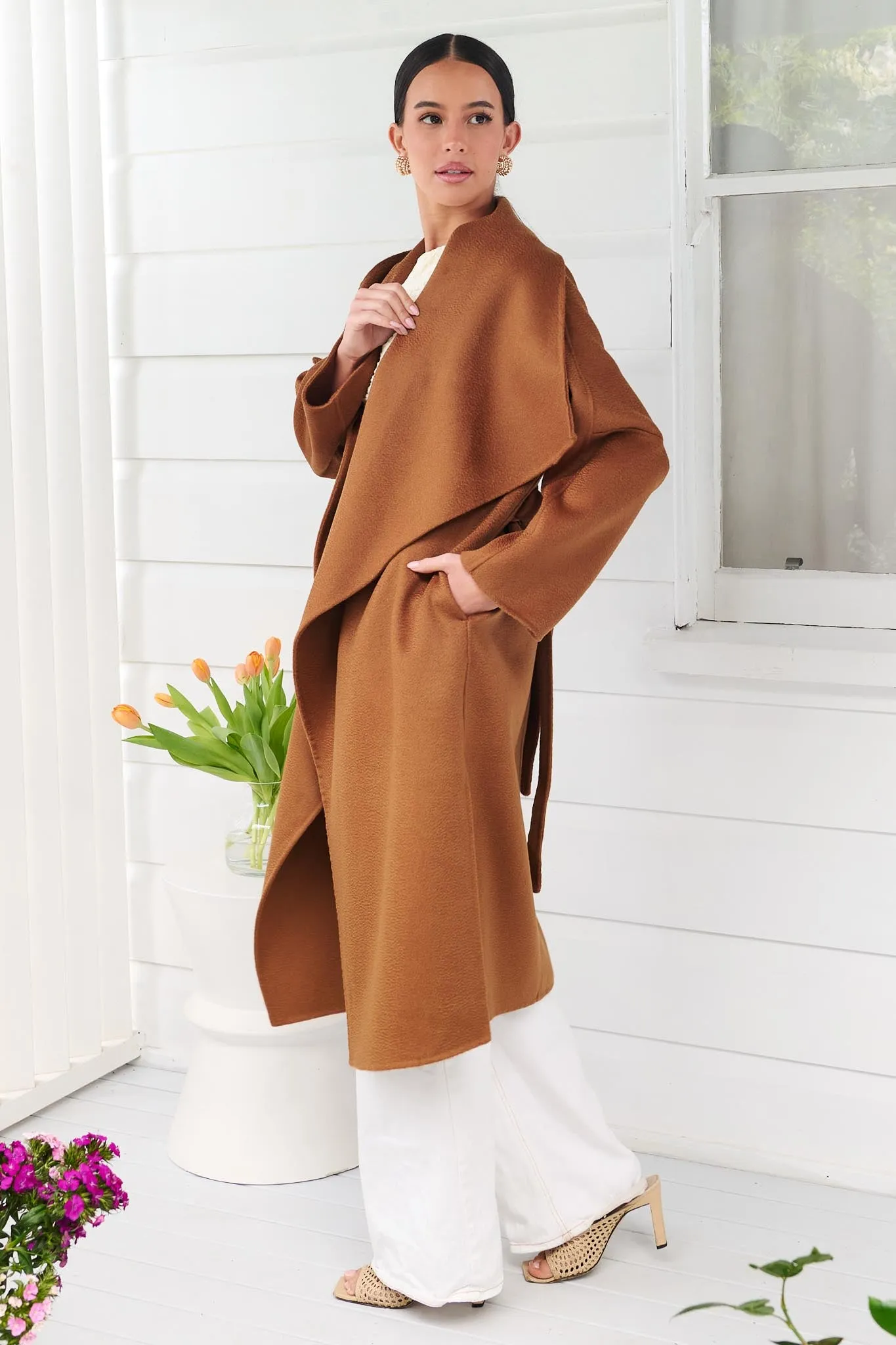 LUMI MERINO WOOL WRAP COAT - CARAMEL