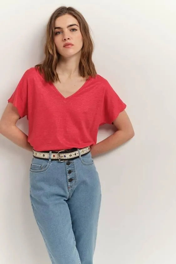 MAGIC - T-shirt hibiscus maille lin pailletée