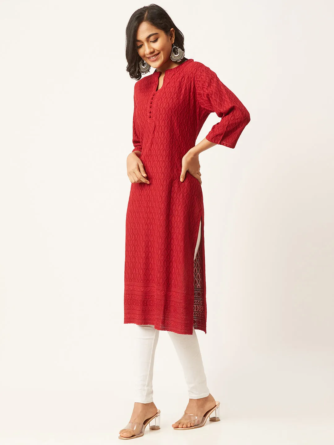 Maroon Rayon Band Collar 3/4th Sleeves Chikankari Embroidery Ethnic Wear Kurta For Women - ZOLA