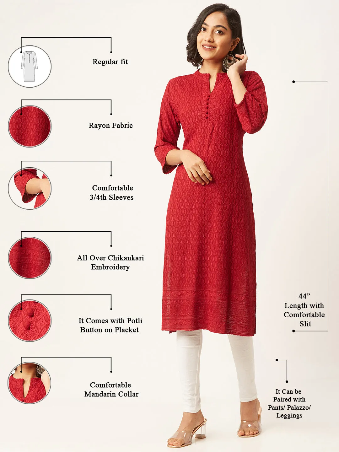 Maroon Rayon Band Collar 3/4th Sleeves Chikankari Embroidery Ethnic Wear Kurta For Women - ZOLA