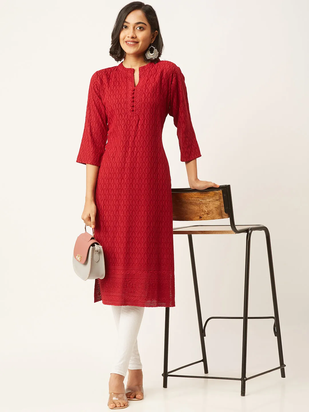 Maroon Rayon Band Collar 3/4th Sleeves Chikankari Embroidery Ethnic Wear Kurta For Women - ZOLA