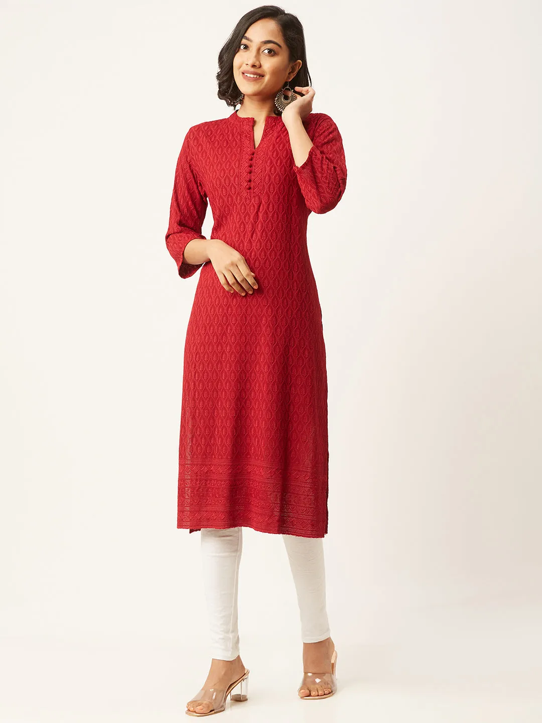 Maroon Rayon Band Collar 3/4th Sleeves Chikankari Embroidery Ethnic Wear Kurta For Women - ZOLA