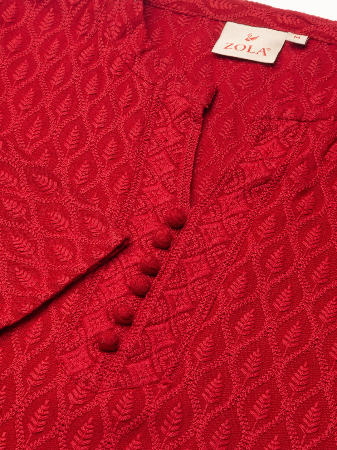 Maroon Rayon Band Collar 3/4th Sleeves Chikankari Embroidery Ethnic Wear Kurta For Women - ZOLA