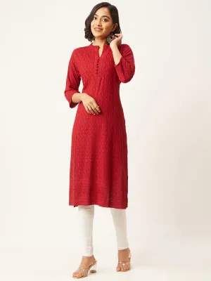 Maroon Rayon Band Collar 3/4th Sleeves Chikankari Embroidery Ethnic Wear Kurta For Women - ZOLA
