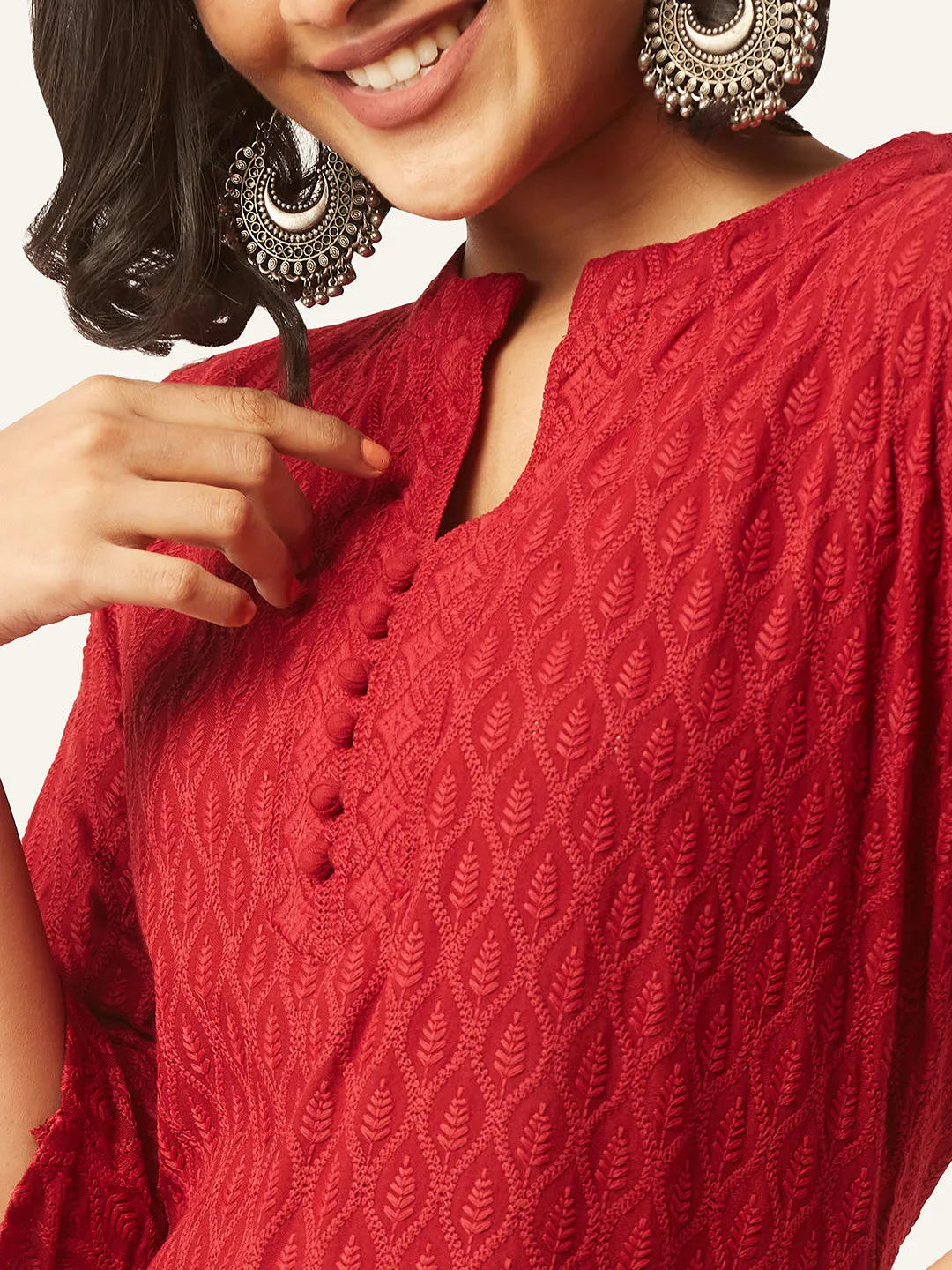 Maroon Rayon Band Collar 3/4th Sleeves Chikankari Embroidery Ethnic Wear Kurta For Women - ZOLA