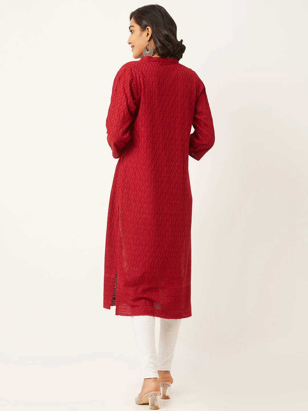 Maroon Rayon Band Collar 3/4th Sleeves Chikankari Embroidery Ethnic Wear Kurta For Women - ZOLA