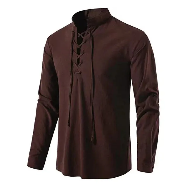 Men's Casual Long Sleeve V-Neck Lace-Up Top