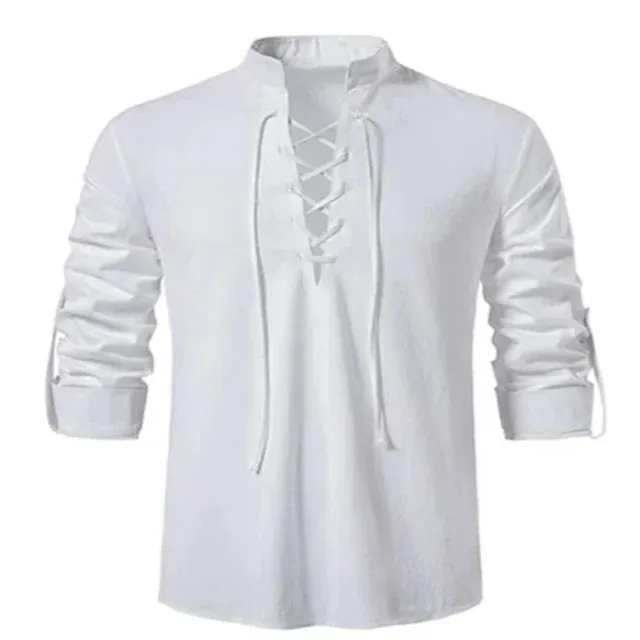Men's Casual Long Sleeve V-Neck Lace-Up Top