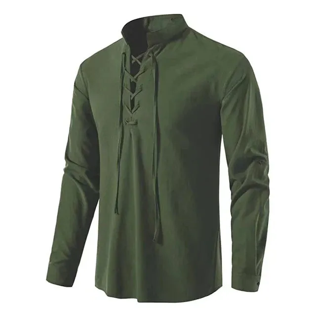 Men's Casual Long Sleeve V-Neck Lace-Up Top