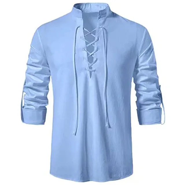 Men's Casual Long Sleeve V-Neck Lace-Up Top