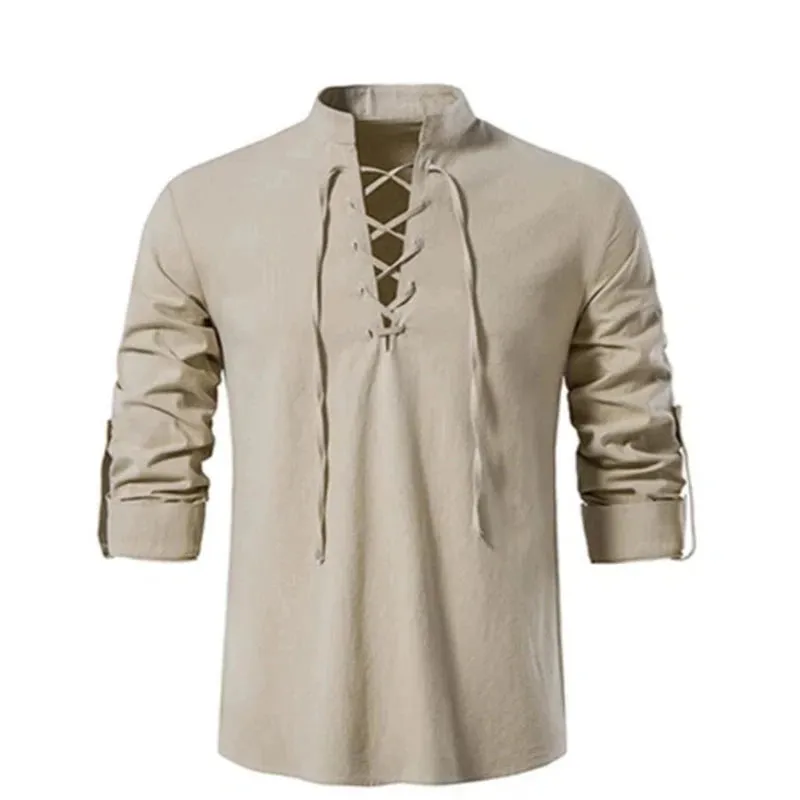 Men's Casual Long Sleeve V-Neck Lace-Up Top