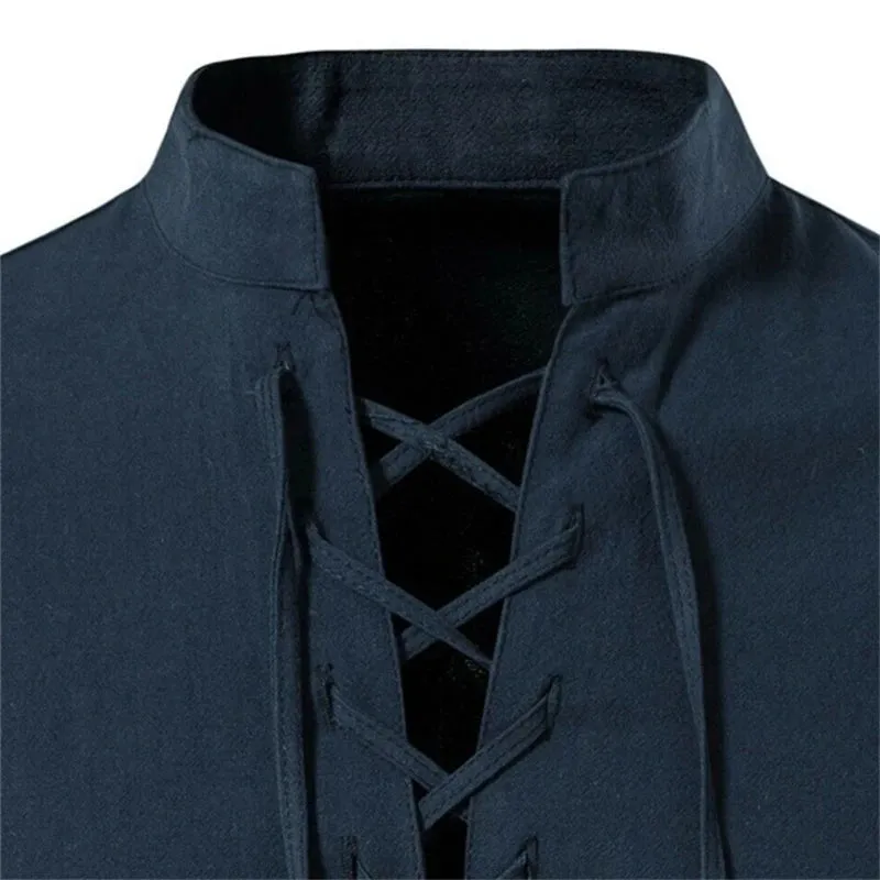 Men's Casual Long Sleeve V-Neck Lace-Up Top