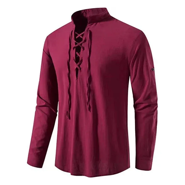 Men's Casual Long Sleeve V-Neck Lace-Up Top