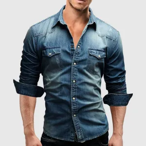 Men’s Fitted Long Sleeve Denim Shirt with Chest Pocket