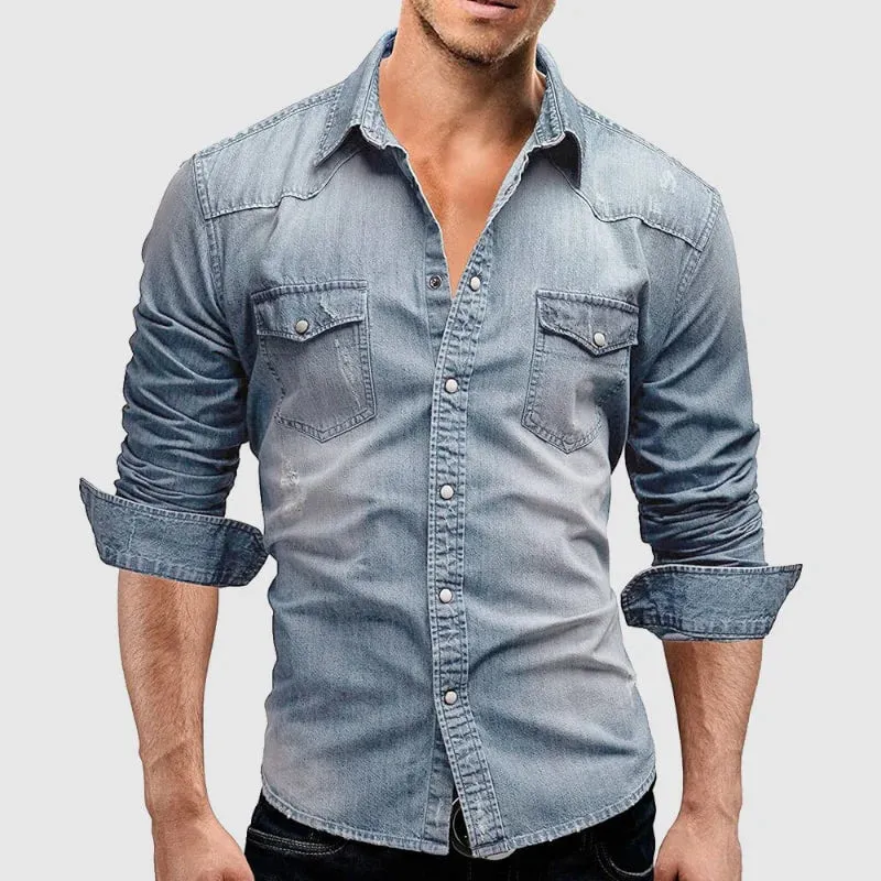 Men’s Fitted Long Sleeve Denim Shirt with Chest Pocket