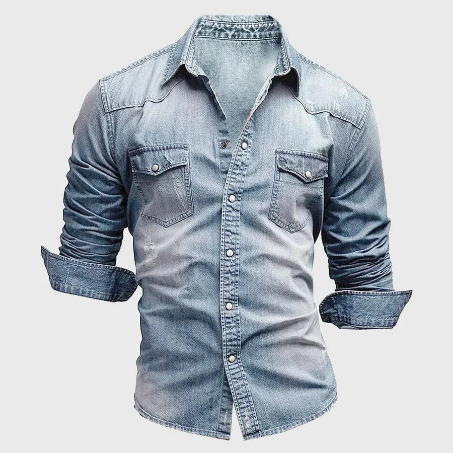 Men’s Fitted Long Sleeve Denim Shirt with Chest Pocket