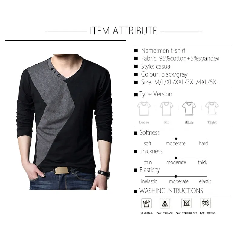 Men's Streetwear V-Neck Long Sleeve Tee