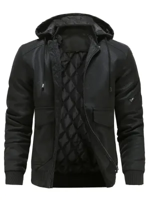Men's waterproof, windproof PU leather winter jacket with hood