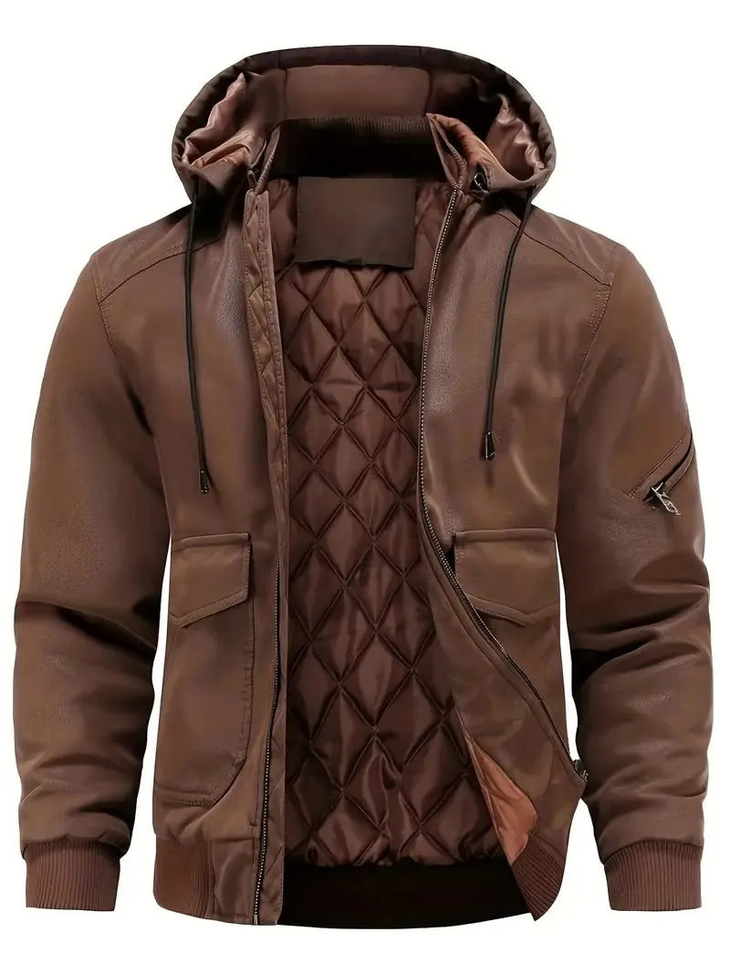 Men's waterproof, windproof PU leather winter jacket with hood