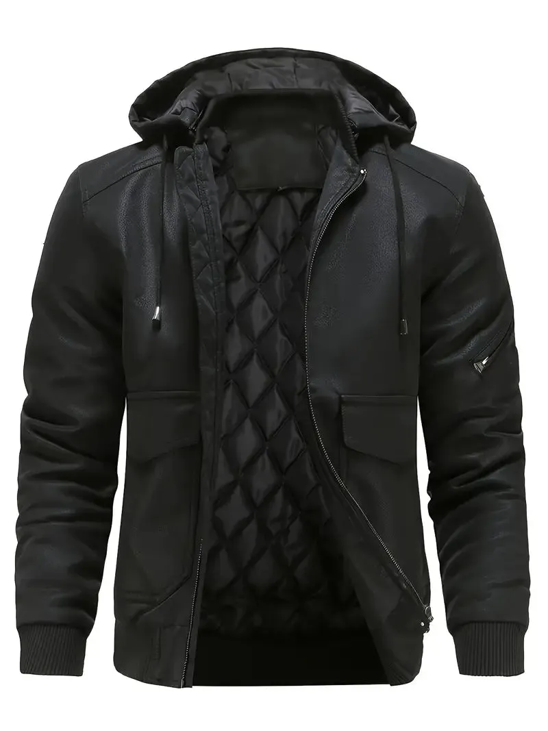 Men's waterproof, windproof PU leather winter jacket with hood