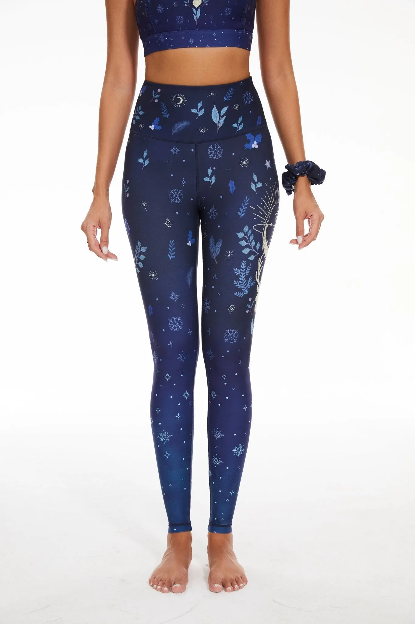 Midnight Magic Women's High Waist Yoga Leggings with Moon and Reindeer Print – Stretchy Starry Night Workout Pants
