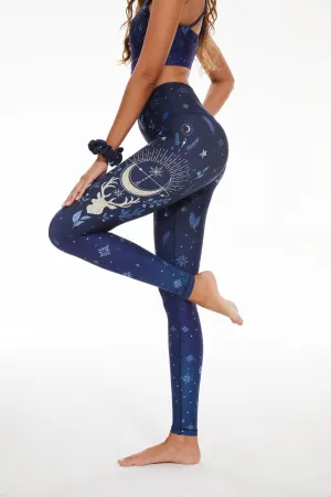 Midnight Magic Women's High Waist Yoga Leggings with Moon and Reindeer Print – Stretchy Starry Night Workout Pants