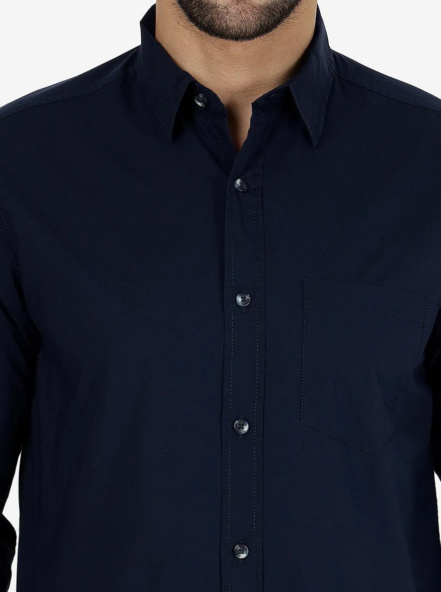 Navy Blue Solid Slim Fit Casual Shirt | JadeBlue