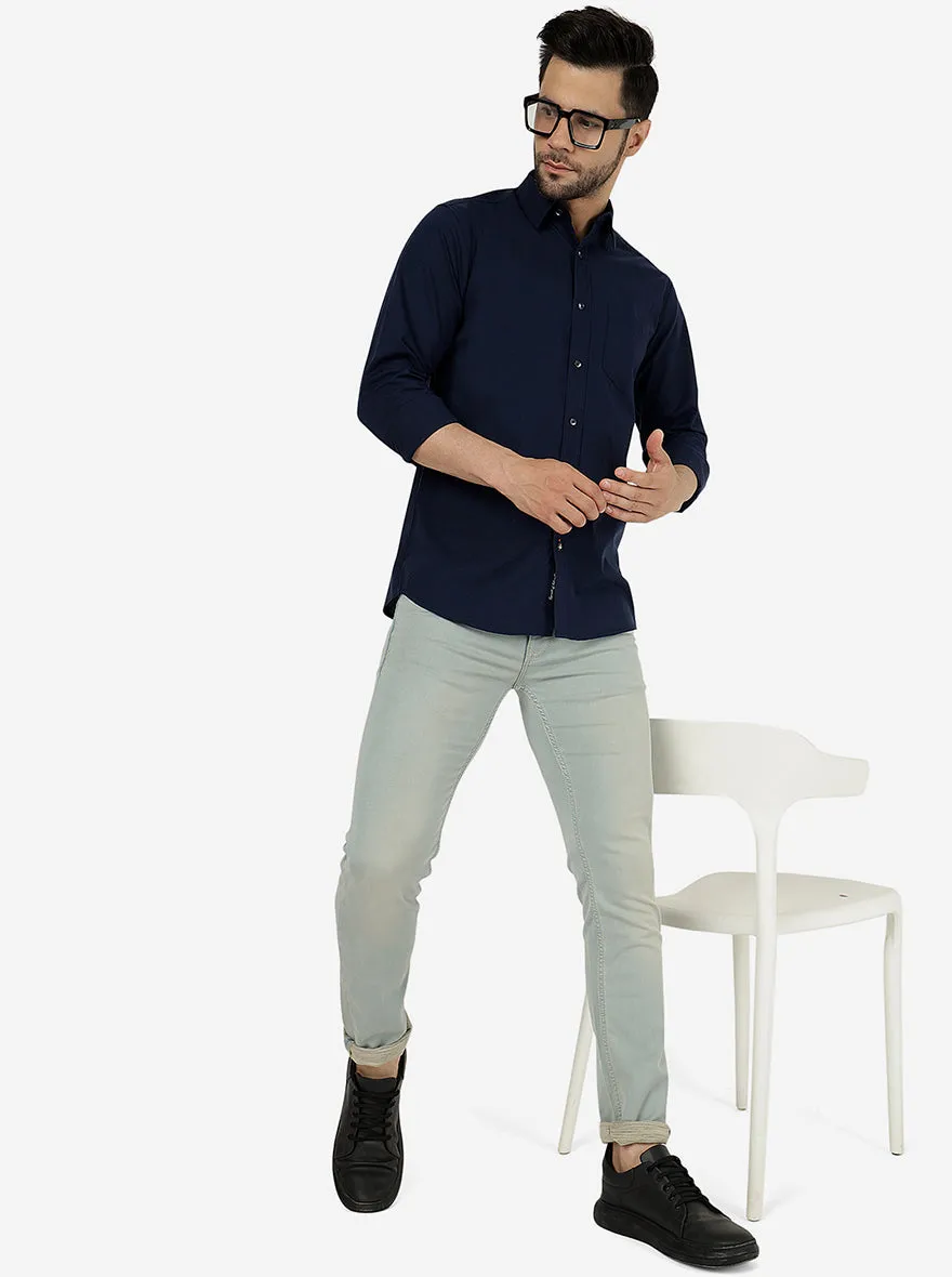 Navy Blue Solid Slim Fit Casual Shirt | JadeBlue