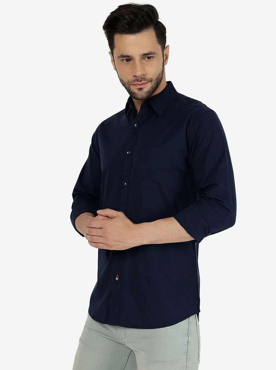 Navy Blue Solid Slim Fit Casual Shirt | JadeBlue