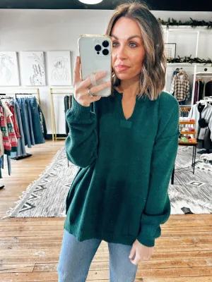 Notched Neck Long Sleeve Sweater-2 Colors
