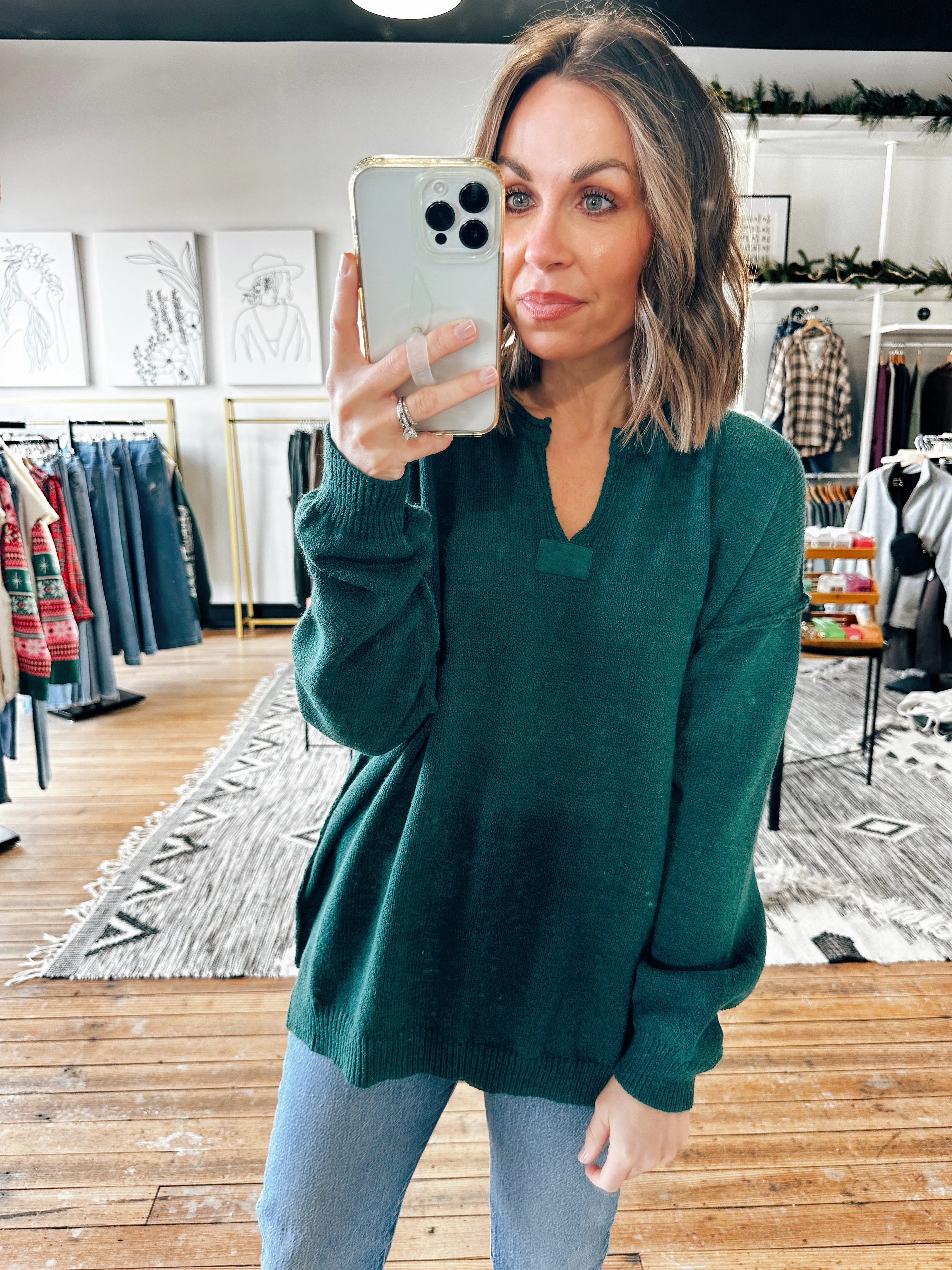 Notched Neck Long Sleeve Sweater-2 Colors
